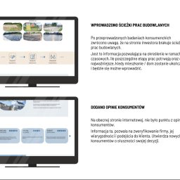 Kasia Skrobotowicz - Dwa ekrany monitorów prezentujące fragmenty stron internetowych: górny monitor ukazuje wizualizację postępów prac budowlanych w formie osi czasu z ikonami, a dolny prezentuje sekcję opinii klientów...