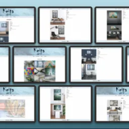 Wiele ekranów tabletów prezentuje fragmenty strony internetowej galerii sztuki Keita Art, z różnymi układami i prezentowanymi obrazami w aranżacjach wnętrz.