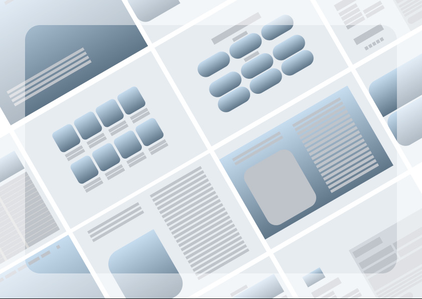 Abstrakcyjne tło z elementami interfejsu użytkownika, układu strony internetowej i ikon w odcieniach szarości i błękitu, ułożonych pod kątem.