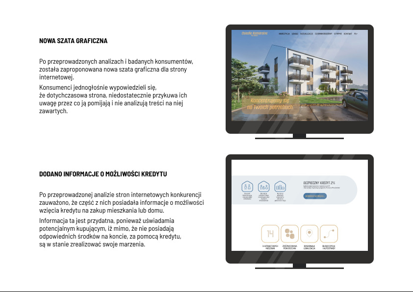 Dwa monitory prezentują nowe wersje strony internetowej dewelopera, z wizualizacją osiedla i informacjami o możliwościach kredytowania.