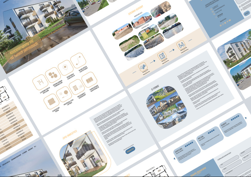 Układ graficzny strony internetowej prezentujący wizualizacje osiedla mieszkaniowego, z informacjami o lokalizacji, standardzie wykończenia, etapach budowy, wizualizacjami budynków i kontaktem.