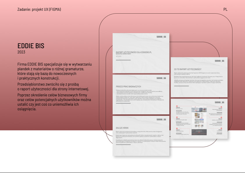 Projekt raportu użyteczności strony internetowej firmy Eddie Bis, prezentujący zadanie projektowe UX z użyciem Figmy, z opisem celów biznesowych i potencjalnych użytkowników.