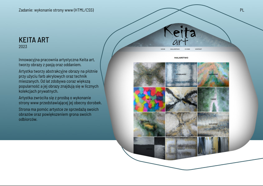 Prezentacja strony internetowej artystki z Opola, Keita Art, z galerią abstrakcyjnych obrazów akrylowych na płótnie, widoczna sekcja 'Malarstwo' z miniaturami prac.