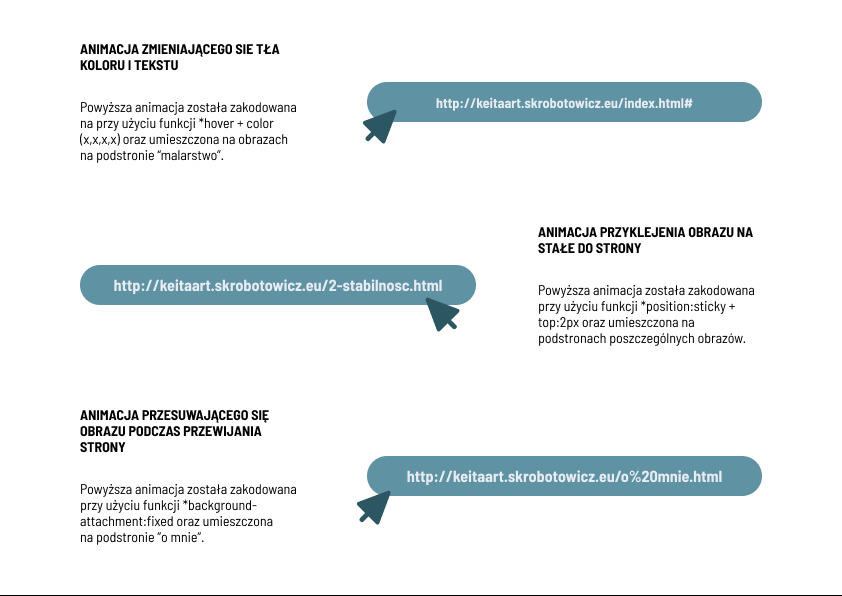 Przykłady animacji interaktywnych elementów na stronie internetowej z wykorzystaniem funkcji hover, sticky position i background-attachment, prezentujące dynamiczne zmiany kolorów tła i tekstu...