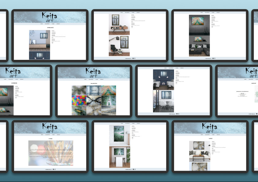 Wiele ekranów tabletów prezentuje fragmenty strony internetowej galerii sztuki Keita Art, z różnymi układami i prezentowanymi obrazami w aranżacjach wnętrz.