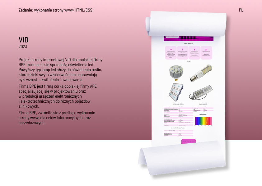 Projekt strony internetowej prezentujący oświetlenie LED dla roślin, z widocznymi zdjęciami produktów i informacjami technicznymi, umieszczony na białym zwiniętym papierze.