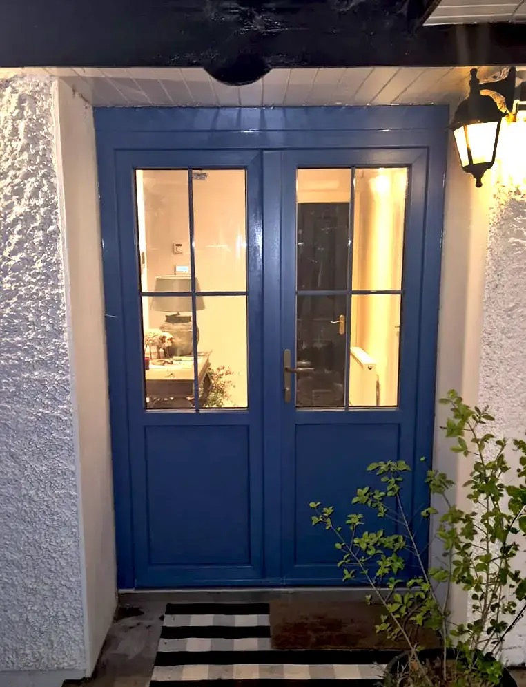 Dwuskrzydłowe, przeszklone drzwi wejściowe w odcieniu niebieskiego, z czarną wycieraczką w paski i rośliną w doniczce po prawej stronie, oświetlone zewnętrzną lampą.