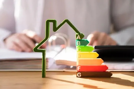 Zielony kontur domu obok kolorowej skali efektywności energetycznej A-G na biurku, osoba w tle.