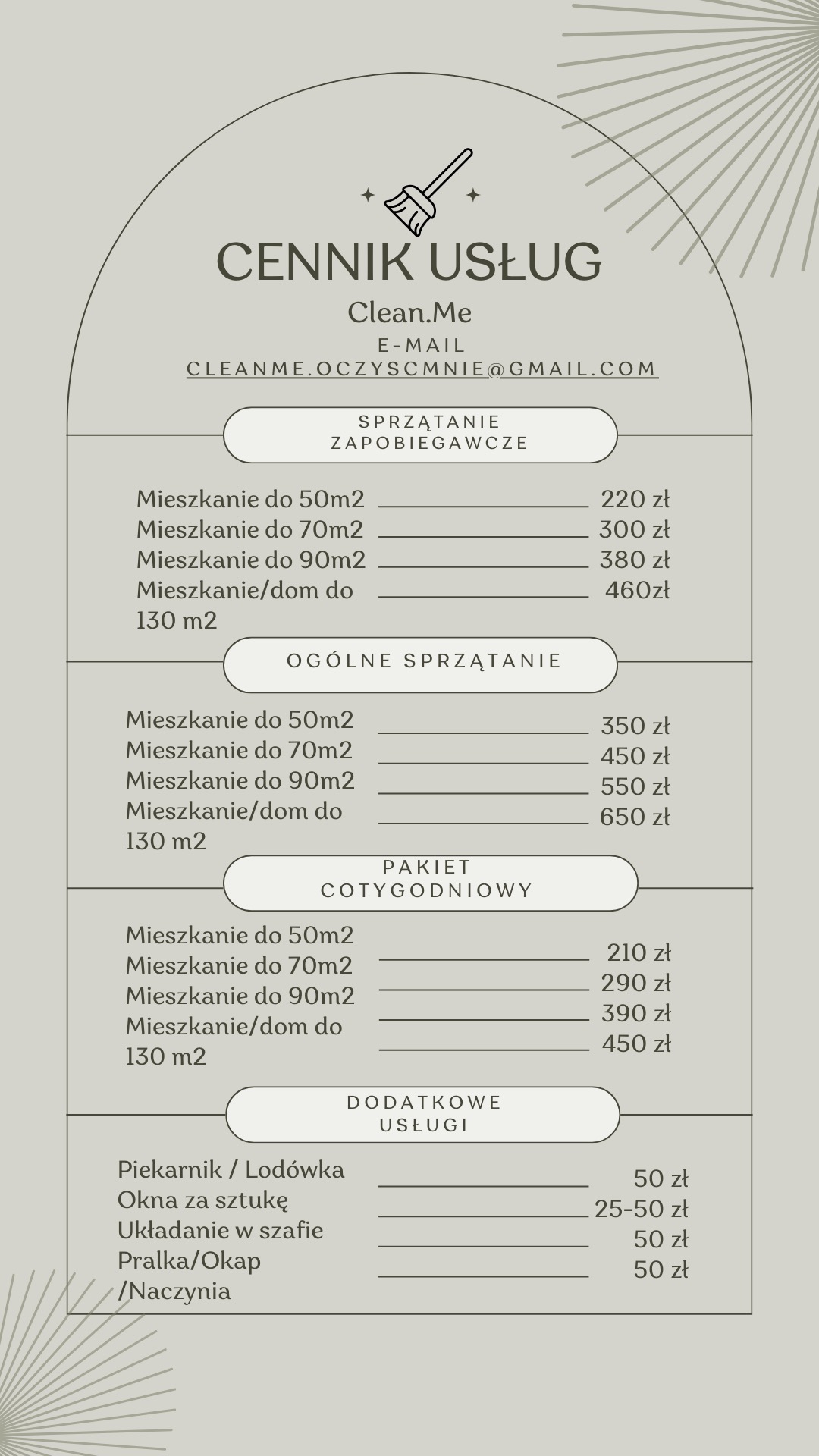 Cennik usług sprzątania Clean.Me z podziałem na sprzątanie zapobiegawcze, ogólne, pakiet cotygodniowy oraz usługi dodatkowe, z wyszczególnieniem cen dla mieszkań o różnej powierzchni...