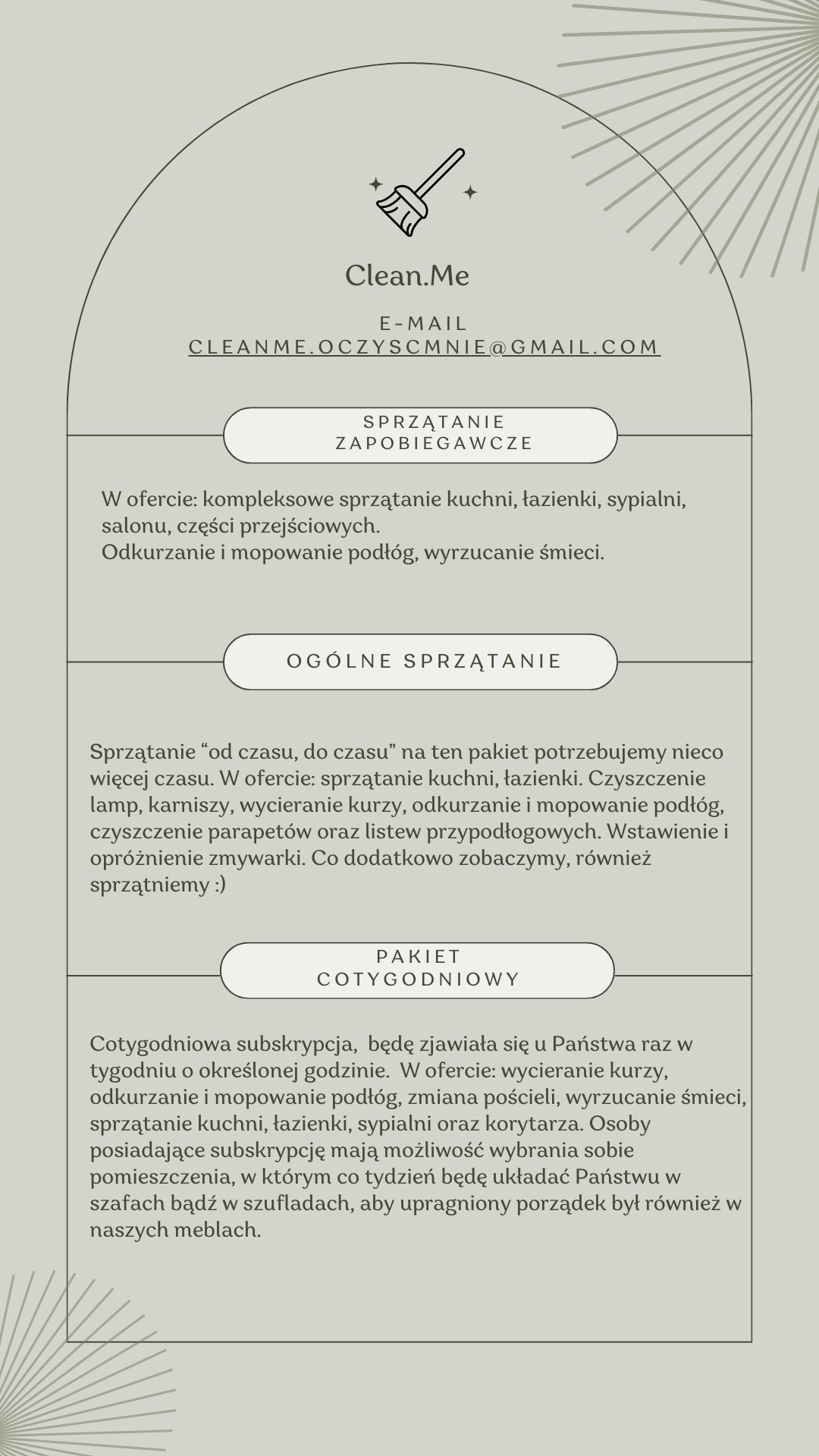 Grafika reklamowa firmy Clean.Me prezentująca ofertę sprzątania: sprzątanie zapobiegawcze, ogólne oraz pakiet cotygodniowy, z wyszczególnionymi usługami w każdym pakiecie i adresem e-mail.