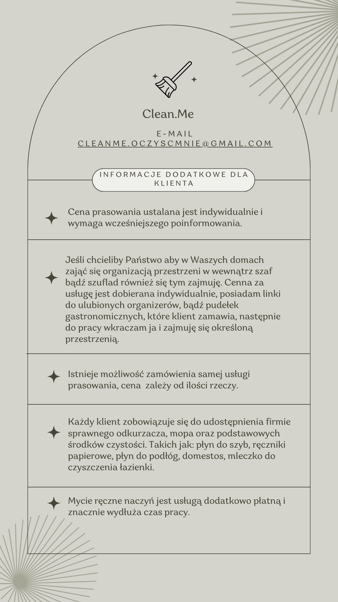 Grafika informacyjna firmy Clean.Me z ofertą usług: indywidualna wycena prasowania, organizacja przestrzeni w szafach i szufladach, możliwość zamówienia samego prasowania, obowiązek udostępnienia...