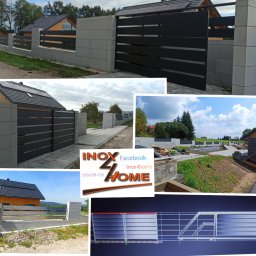 Inox4home - Kompozycja zdjęć prezentująca nowoczesną bramę wjazdową z poziomymi panelami w kolorze antracytowym, osadzoną na betonowych słupkach, z widocznym domem w tle oraz logo firmy i projekt bramy.