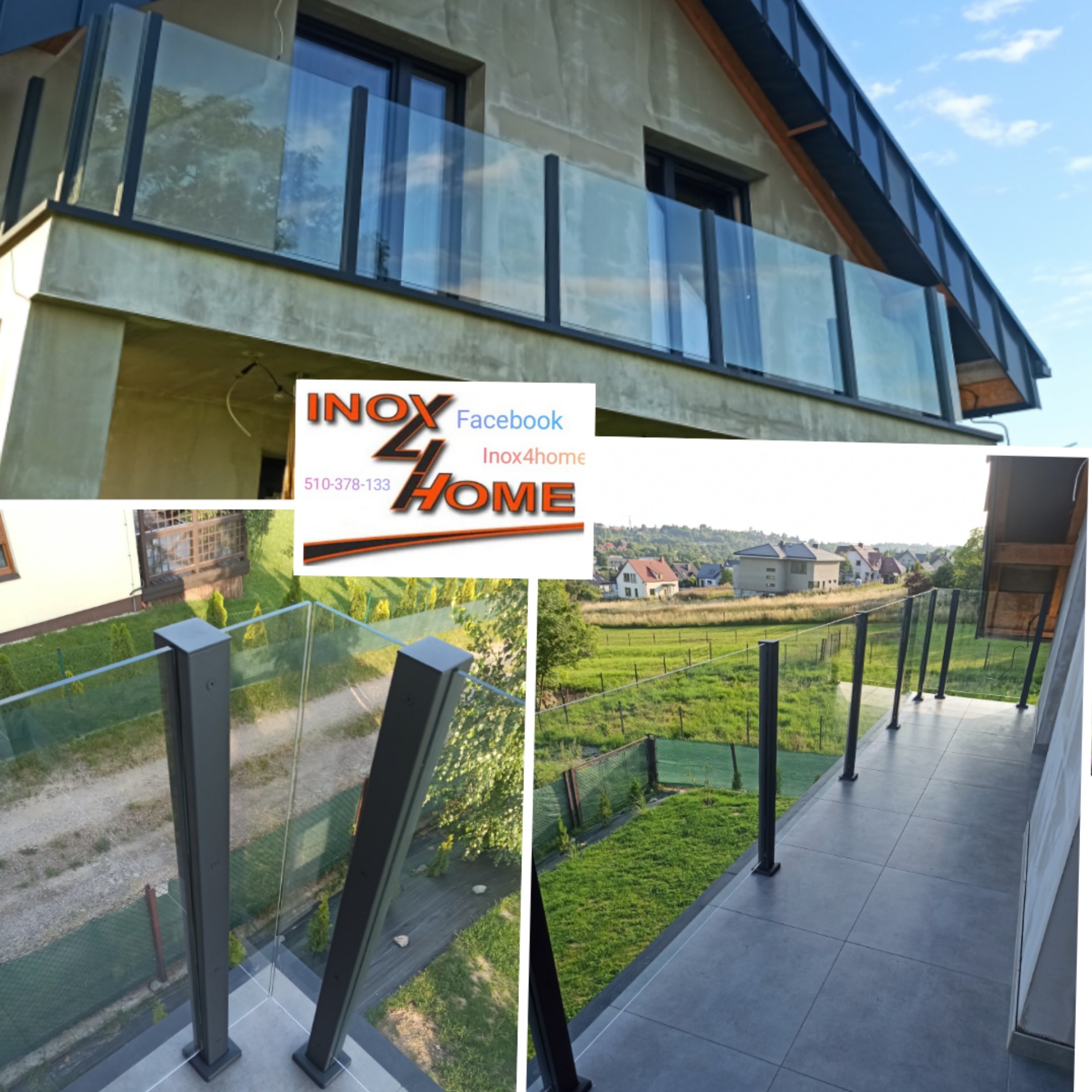 Szklana balustrada z czarnymi słupkami na balkonie z widokiem na okolicę, logo firmy Inox4Home w rogu zdjęcia.