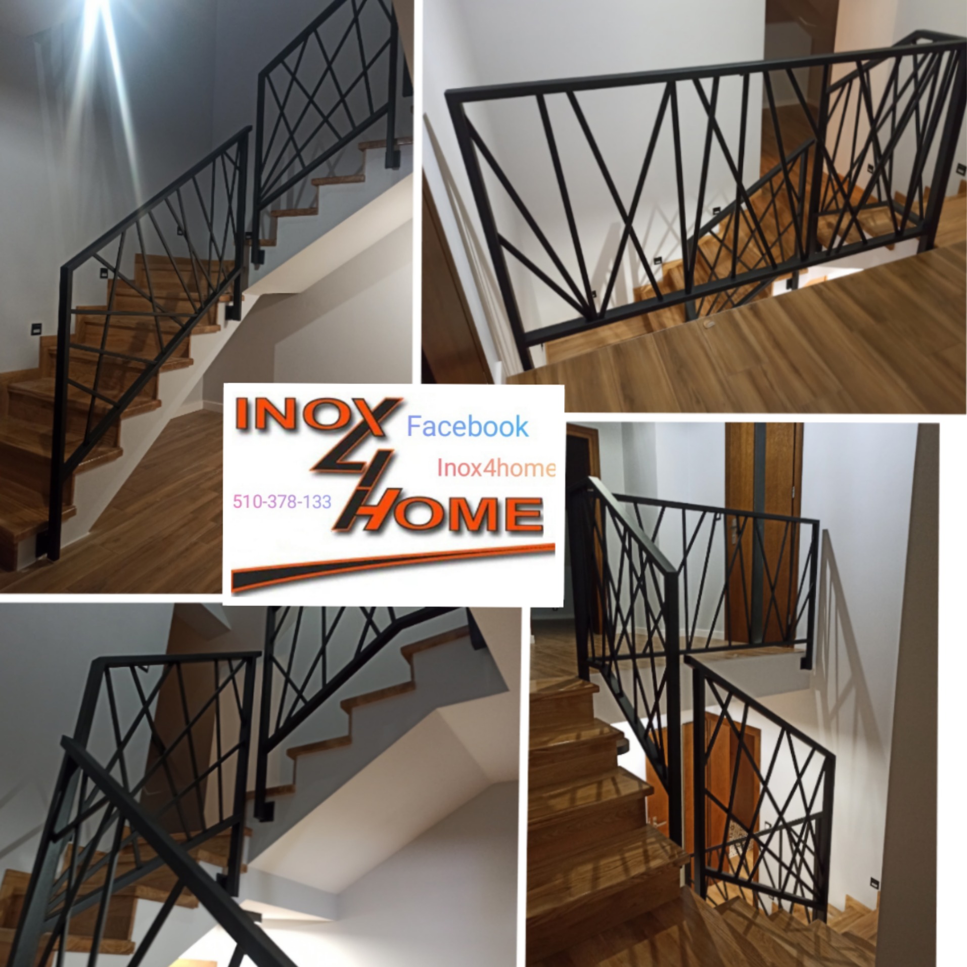 Czarno malowana metalowa balustrada o geometrycznym wzorze krzyżujących się linii, zamontowana na drewnianych schodach w jasnym wnętrzu.