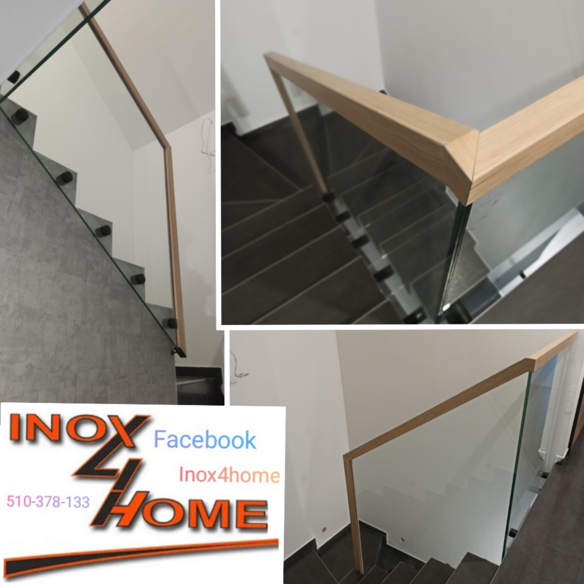 Szklana balustrada z drewnianym wykończeniem zamontowana na schodach z ciemnych płytek, widok z góry.