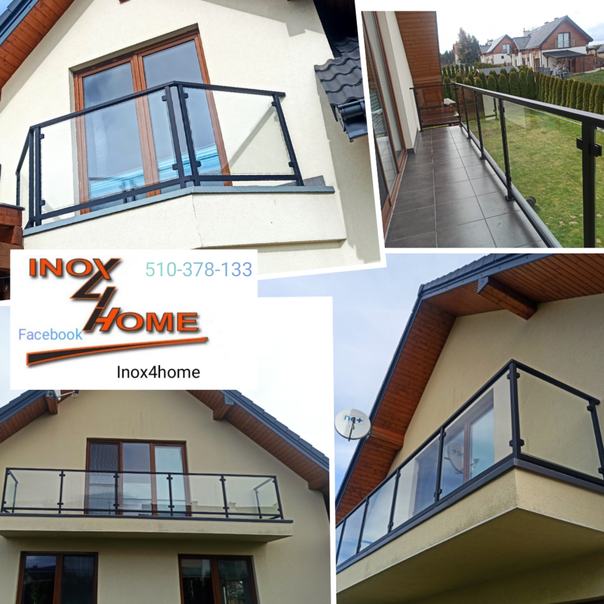 Kolaż zdjęć prezentujący nowoczesną balustradę szklaną z czarnymi profilami, zamontowaną na balkonie budynku jednorodzinnego, z widocznym logo firmy Inox4home.
