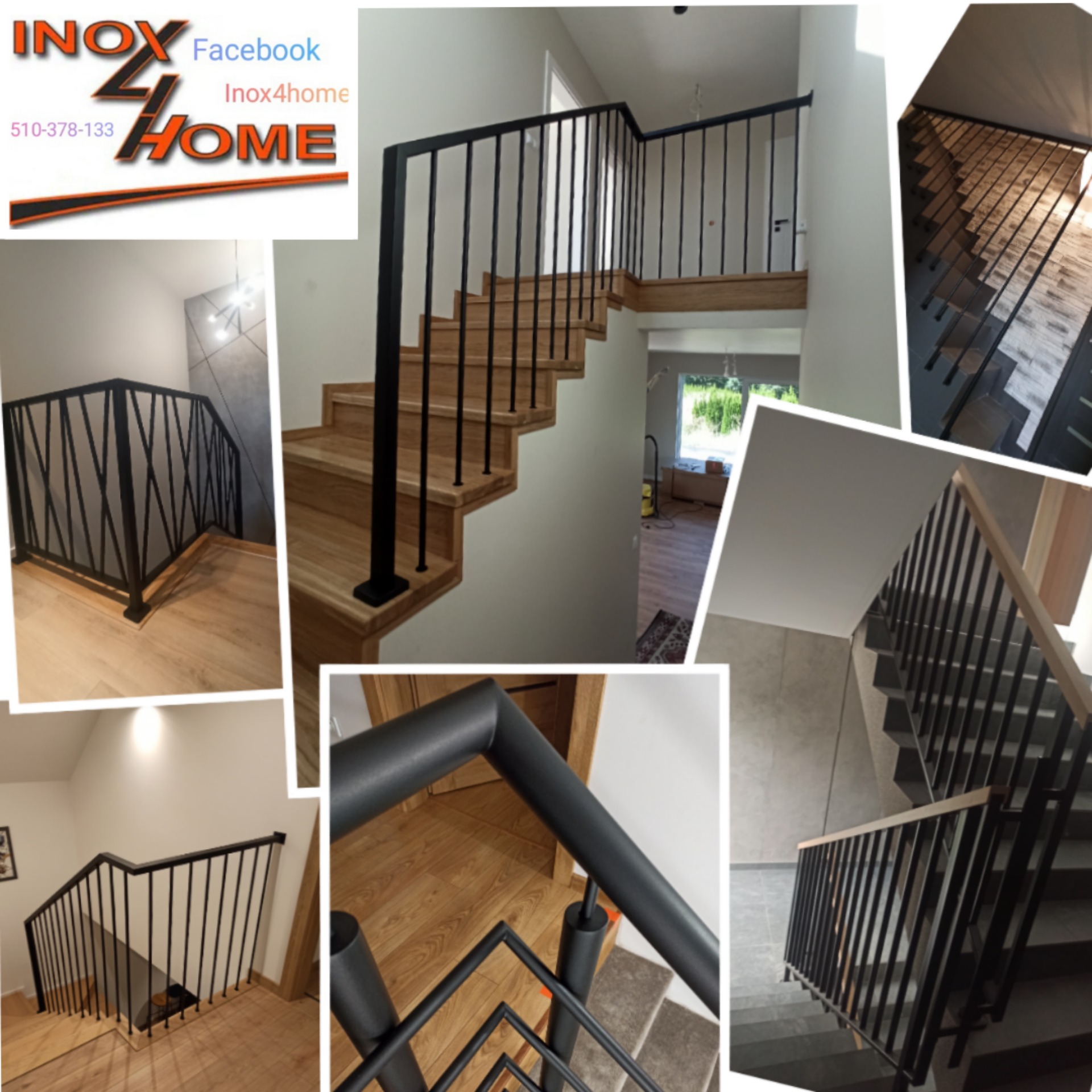 Kolaż zdjęć przedstawiających różne ujęcia schodów z czarnymi metalowymi poręczami i balustradami, w tym schody drewniane i wyłożone szarą płytką, z logo firmy Inox4home w lewym górnym rogu.