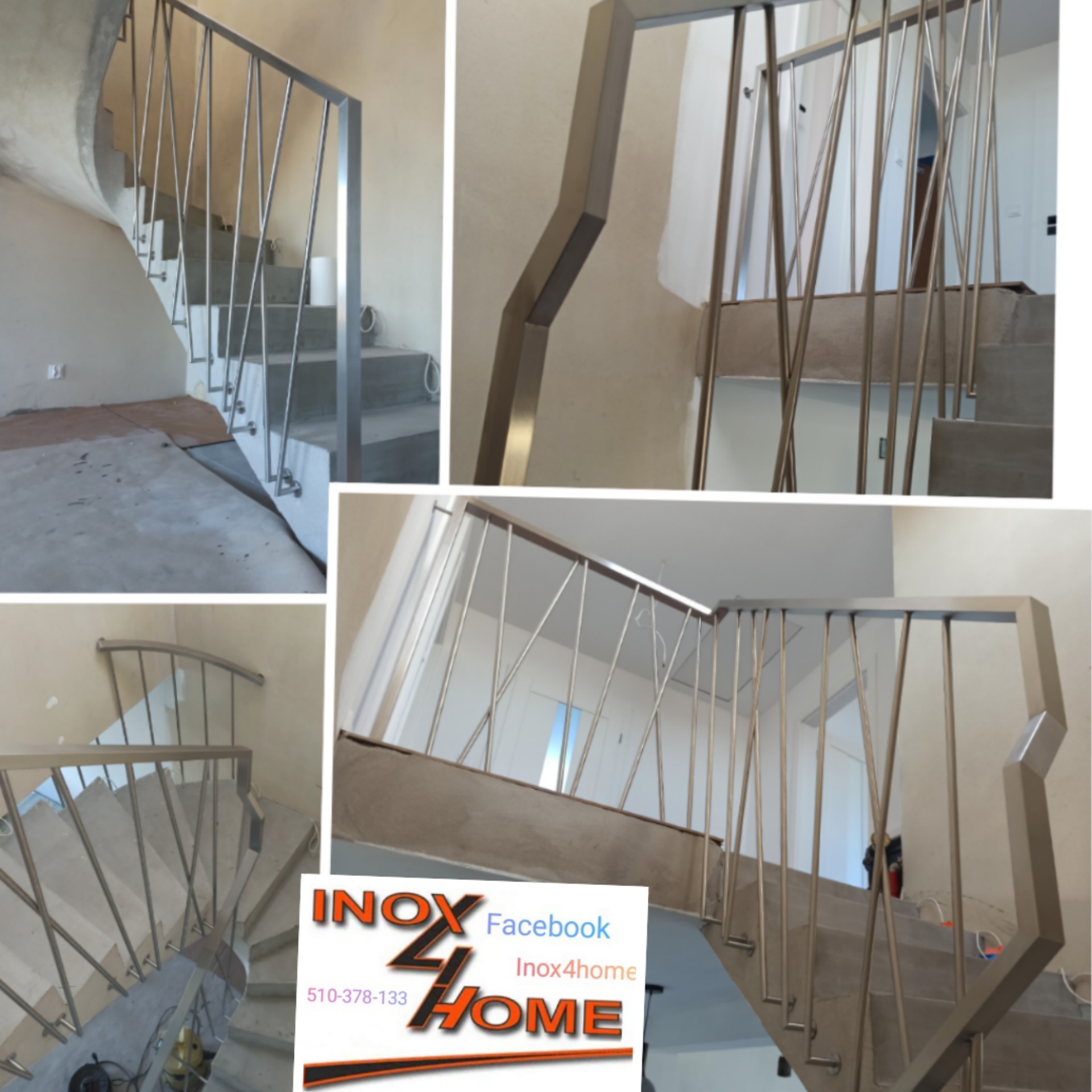 Nowoczesna balustrada ze stali nierdzewnej z pionowymi prętami na betonowych schodach w trakcie wykańczania, widoczne niedoskonałości ścian i podłogi.