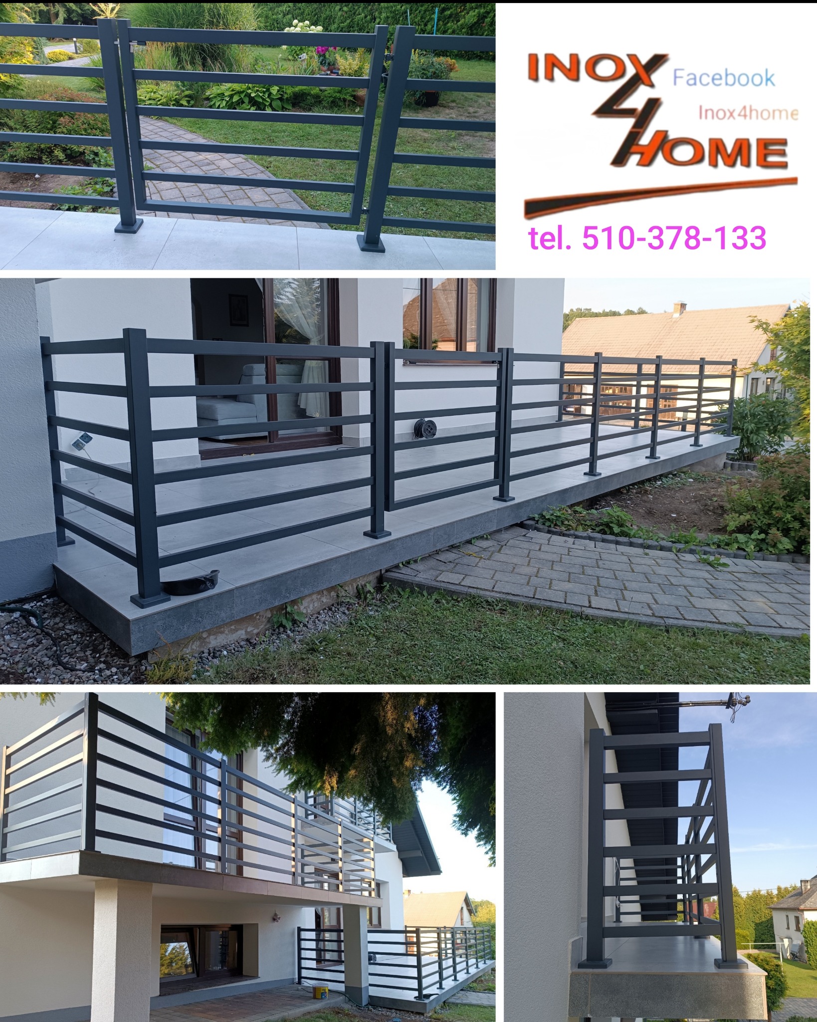 Nowoczesna balustrada metalowa w kolorze antracytu, zamontowana na balkonie domu jednorodzinnego. Widoczne detale konstrukcyjne i otoczenie budynku.