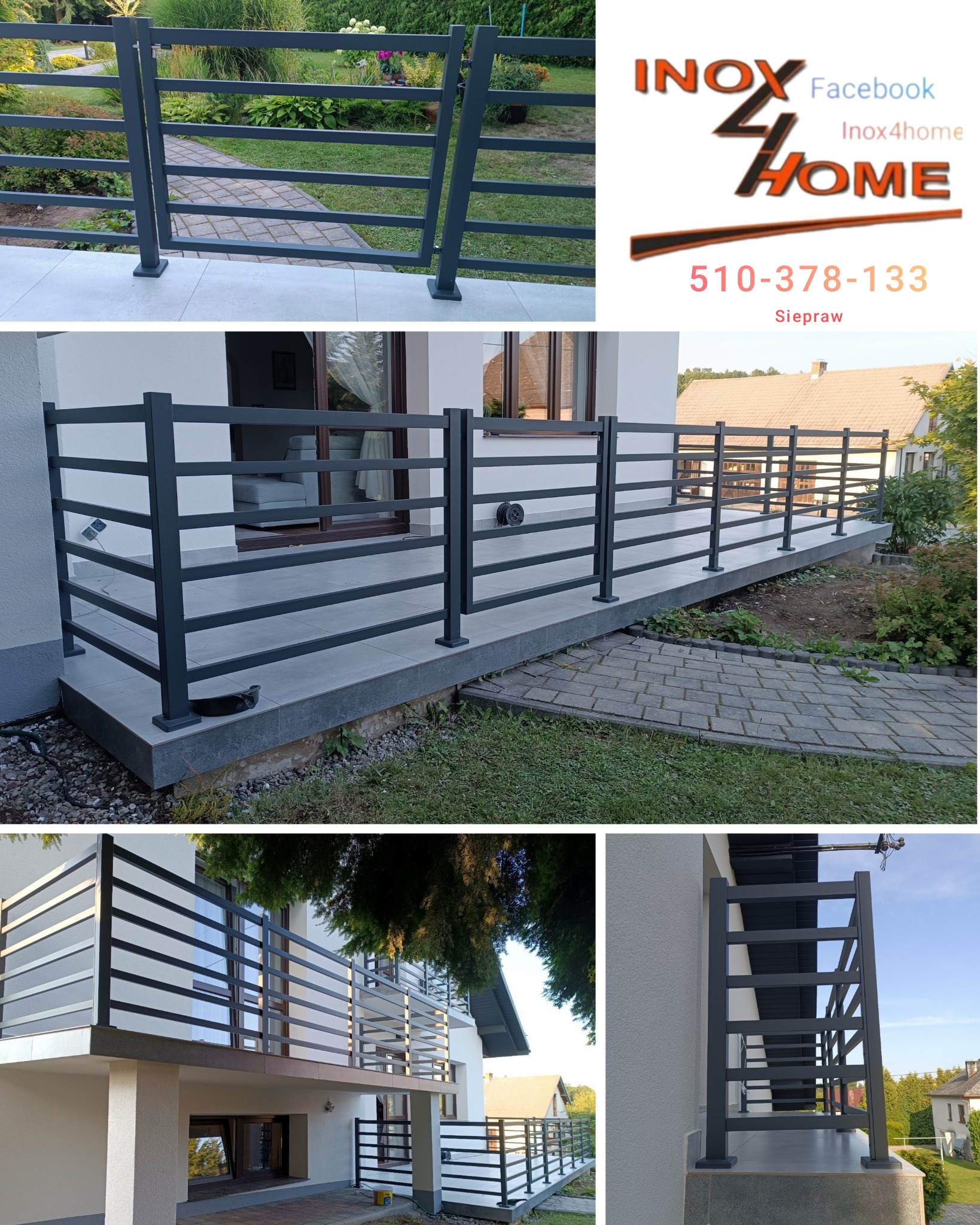 Nowoczesna, pozioma balustrada metalowa w kolorze grafitowym, zamontowana na tarasie domu jednorodzinnego. Widoczne detale mocowania i minimalistyczny design.