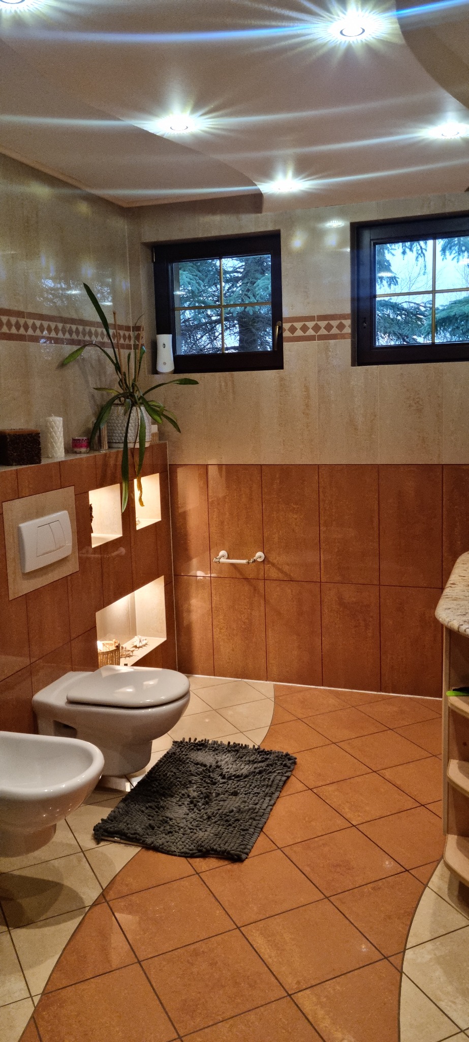 Ukończona łazienka z brązowymi płytkami, toaletą, bidetem, szarą wycieraczką i rośliną w doniczce na tle okna.