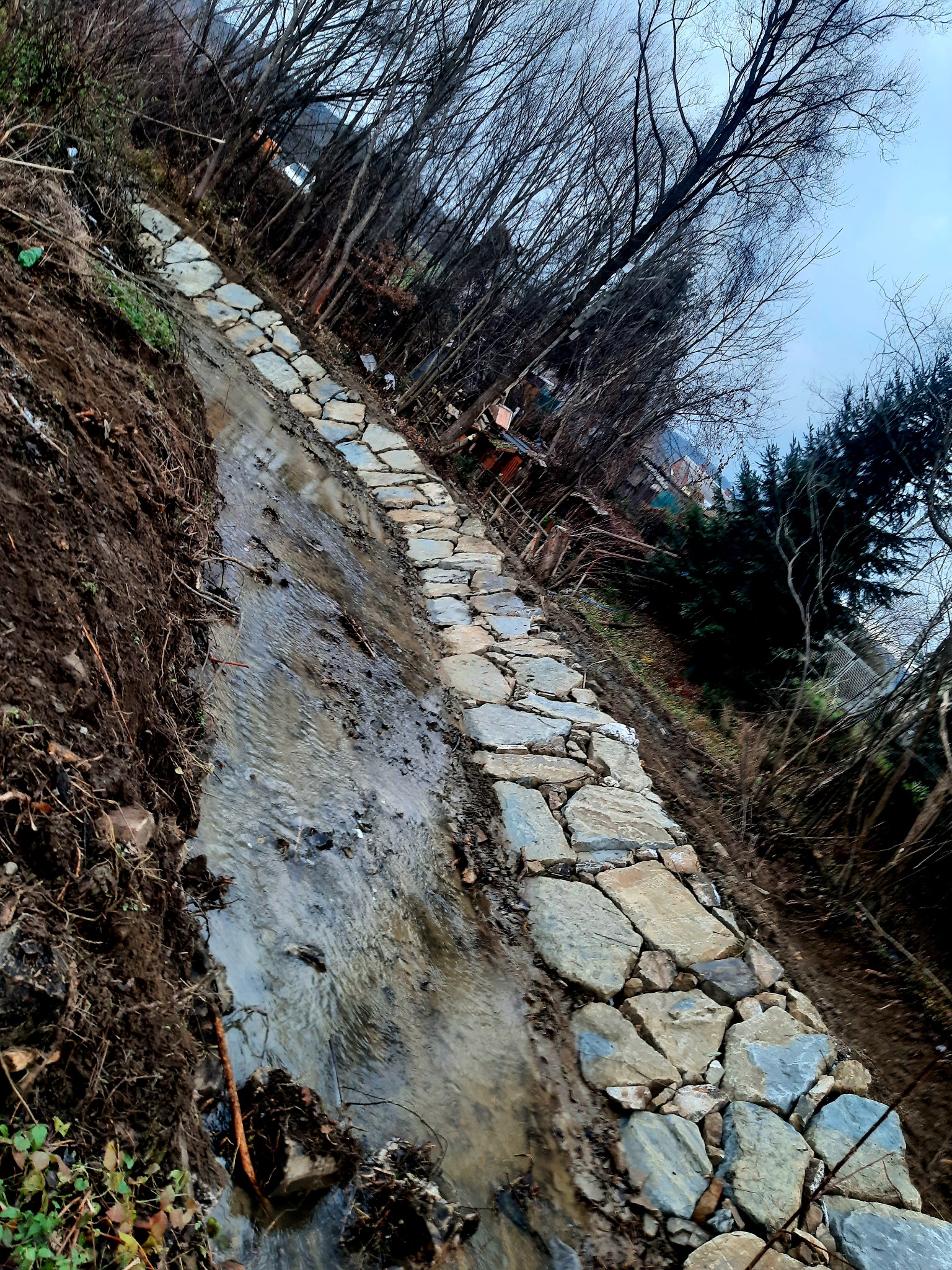 Ułożony kamienny brzeg potoku na stromej skarpie, zabezpieczający przed erozją, w tle drzewa bez liści i częściowo zabudowania.