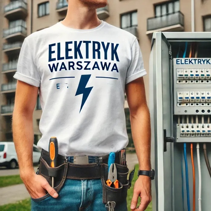 Elektryk w koszulce z napisem 'Elektryk Warszawa' stoi obok otwartej skrzynki elektrycznej, z pasem narzędziowym z wkrętakiem i kombinerkami, na tle budynku mieszkalnego.