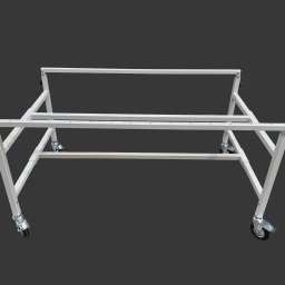 ELMAT Mateusz Ziętek - Biała, metalowa konstrukcja na kółkach, spawana z profili kwadratowych, widoczne śruby mocujące, na szarym tle.