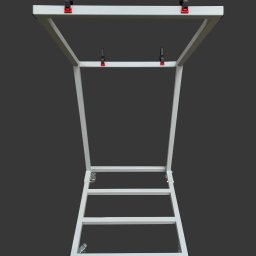 ELMAT Mateusz Ziętek - Biała, metalowa konstrukcja spawana z profili zamkniętych, z uchwytami zaciskowymi, widok z dołu na szarym tle.