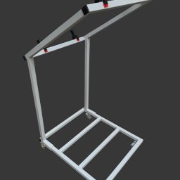 ELMAT Mateusz Ziętek - Metalowa konstrukcja na kółkach w kształcie odwróconej litery L, z czarnymi zaciskami i czerwonymi akcentami, na szarym tle.