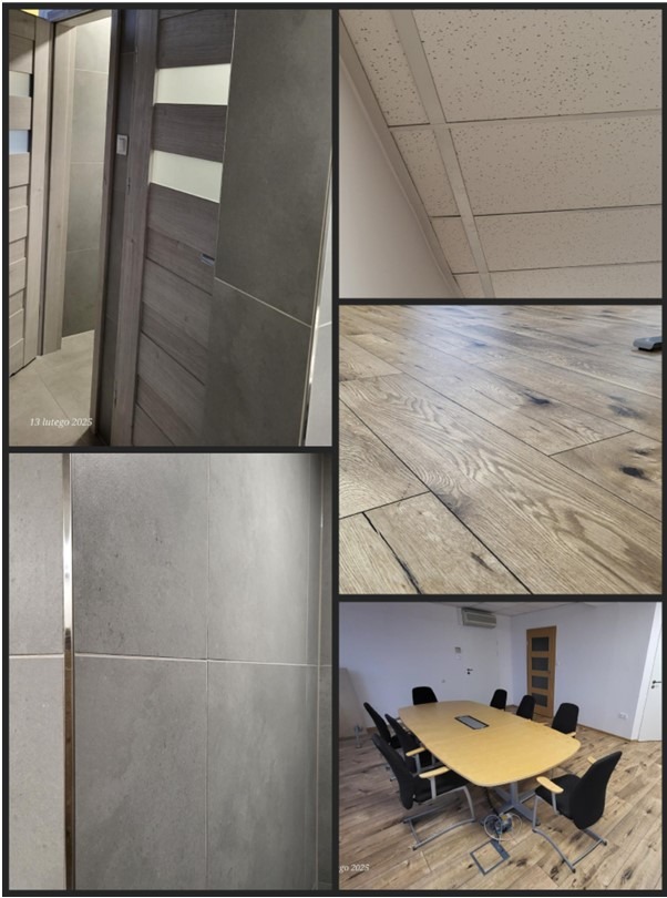 Kolaż prezentujący wykończenie wnętrz: drzwi z panelami, podwieszany sufit, parkiet oraz sala konferencyjna z drewnianą podłogą i stołem. Stonowana kolorystyka.