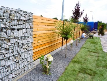 Nowoczesne ogrodzenie: gabion z kamienia połączony z drewnianymi panelami, obok trawnik z rolki, młode drzewka i wysypany kamienny żwir.