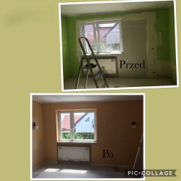 Jakub Jaworski Jawbud - Kolaż przedstawia pokój przed i po remoncie. Na górnym zdjęciu widoczne zielone ściany, drabina oparta o okno i fragment ściany z płytami gipsowymi. Na dolnym zdjęciu pokój po remoncie...