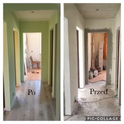 Jakub Jaworski Jawbud - Korytarz w mieszkaniu przed i po malowaniu ścian na zielono, widoczne różnice w wykończeniu i kolorystyce, na podłodze położone panele.
