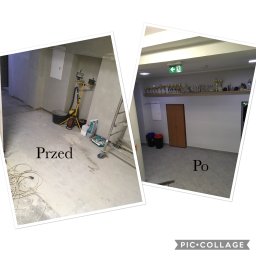 Jakub Jaworski Jawbud - Zdjęcie 'przed' i 'po' przedstawia wnętrze pomieszczenia w trakcie prac: widoczne narzędzia, drabina, worki z zaprawą na tle surowych ścian, a obok wyremontowane wnętrze z szarą podłogą, szafką...