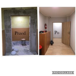 Jakub Jaworski Jawbud - Porównanie stanu pomieszczenia przed i po remoncie: surowe ściany z resztkami tynku i gruzu kontra odnowione wnętrze z drewnianą podłogą, szafkami i nowymi drzwiami.
