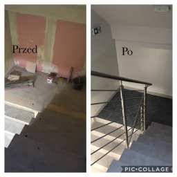 Jakub Jaworski Jawbud - Porównanie stanu klatki schodowej przed i po remoncie: surowe ściany z resztkami farby i narzędzia malarskie zestawione z odnowionymi, pomalowanymi ścianami i nową glazurą oraz metalową barierką.
