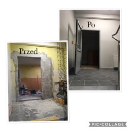 Jakub Jaworski Jawbud - Porównanie stanu pomieszczenia przed i po: widoczny surowy otwór drzwiowy z resztkami starej farby i zapleczem budowlanym oraz wykończone wejście z szarą podłogą, nową ościeżnicą i pomalowanymi...