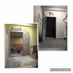 Porównanie stanu pomieszczenia przed i po: widoczny surowy otwór drzwiowy z resztkami starej farby i zapleczem budowlanym oraz wykończone wejście z szarą podłogą, nową ościeżnicą i pomalowanymi...