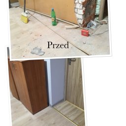 Jakub Jaworski Jawbud - Porównanie stanu pomieszczenia przed i po remoncie: usunięta część ściany z cegły, widoczne ślady gruzu i narzędzia w części 'przed', oraz wykończona podłoga z listwami przypodłogowymi i odnowione...