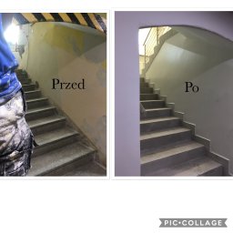 Jakub Jaworski Jawbud - Porównanie stanu schodów przed i po remoncie: od zniszczonych ścian i schodów z odpryskującą farbą do świeżo pomalowanych ścian i wykończonych schodów z nową balustradą.