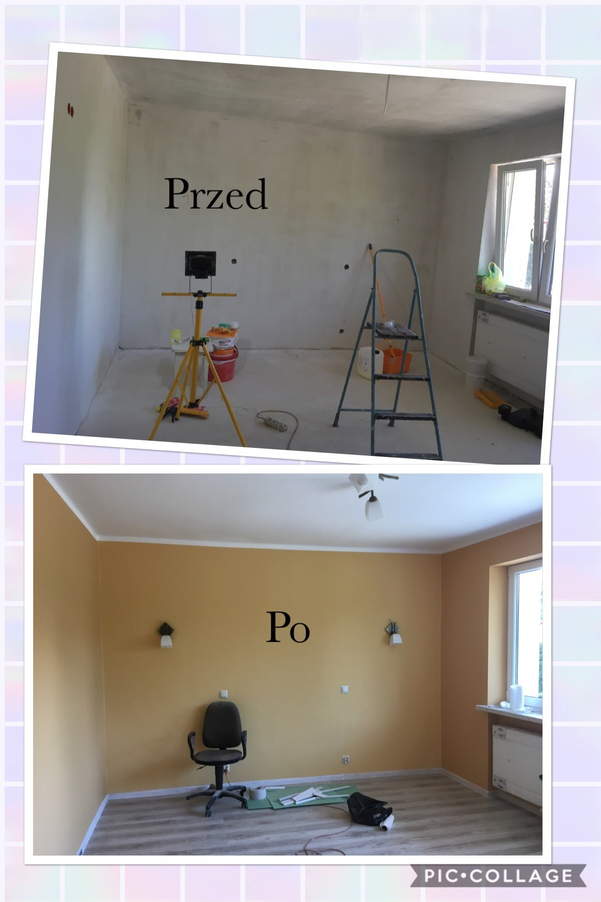 Porównanie stanu pokoju przed i po: surowe ściany w trakcie przygotowań do malowania z drabina i lampą roboczą kontra pomalowane na żółto ściany z listwami przypodłogowymi, lampami ściennymi...