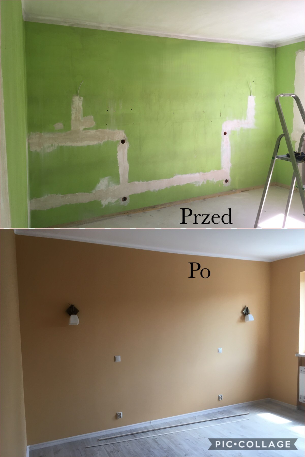 Porównanie stanu pokoju przed i po malowaniu: zielone ściany z zagruntowanymi śladami po instalacjach elektrycznych kontra pomalowane na beżowo ściany z zamontowanymi kinkietami, widoczne gniazdka...