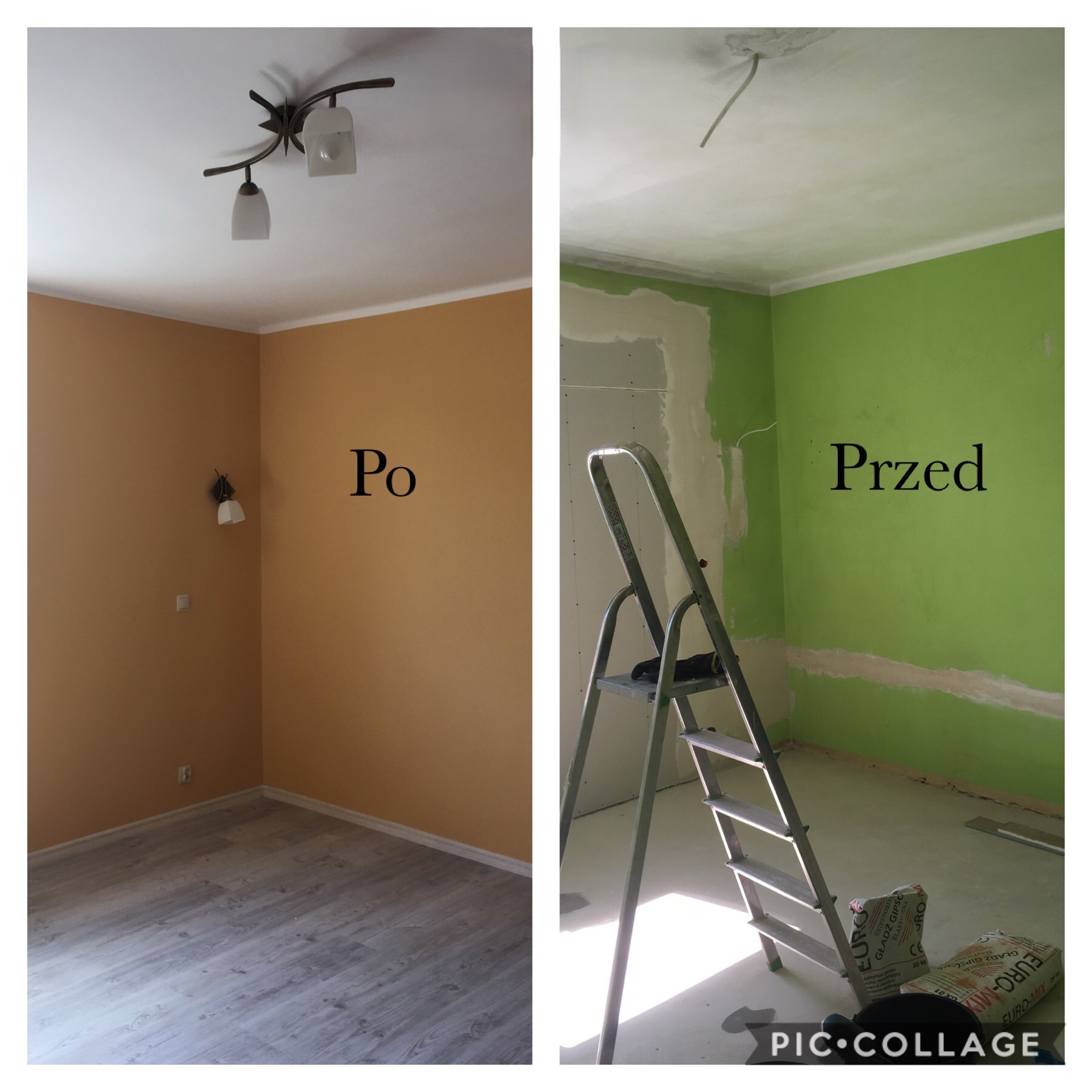 Porównanie pokoju przed i po malowaniu: ściana zielona z widocznymi śladami szpachli (przed) i ściana pomalowana na jednolity, ciepły odcień brązu (po), widoczna drabina malarska i worki z gładzią...