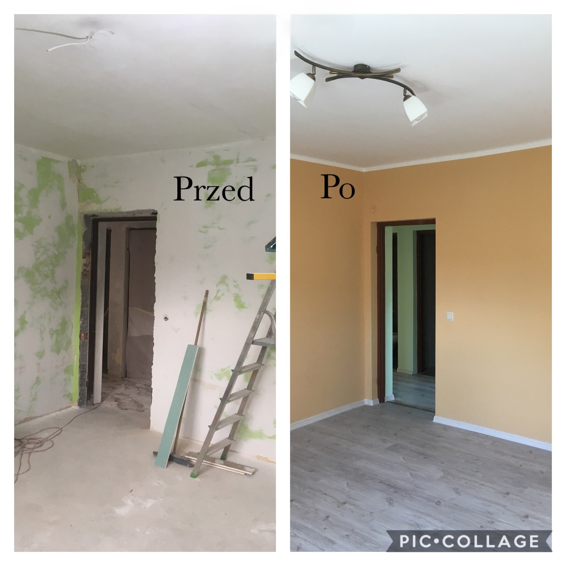 Porównanie stanu pokoju przed i po malowaniu: surowe ściany z resztkami farby kontra pomalowane na ciepły odcień żółci z nową podłogą.