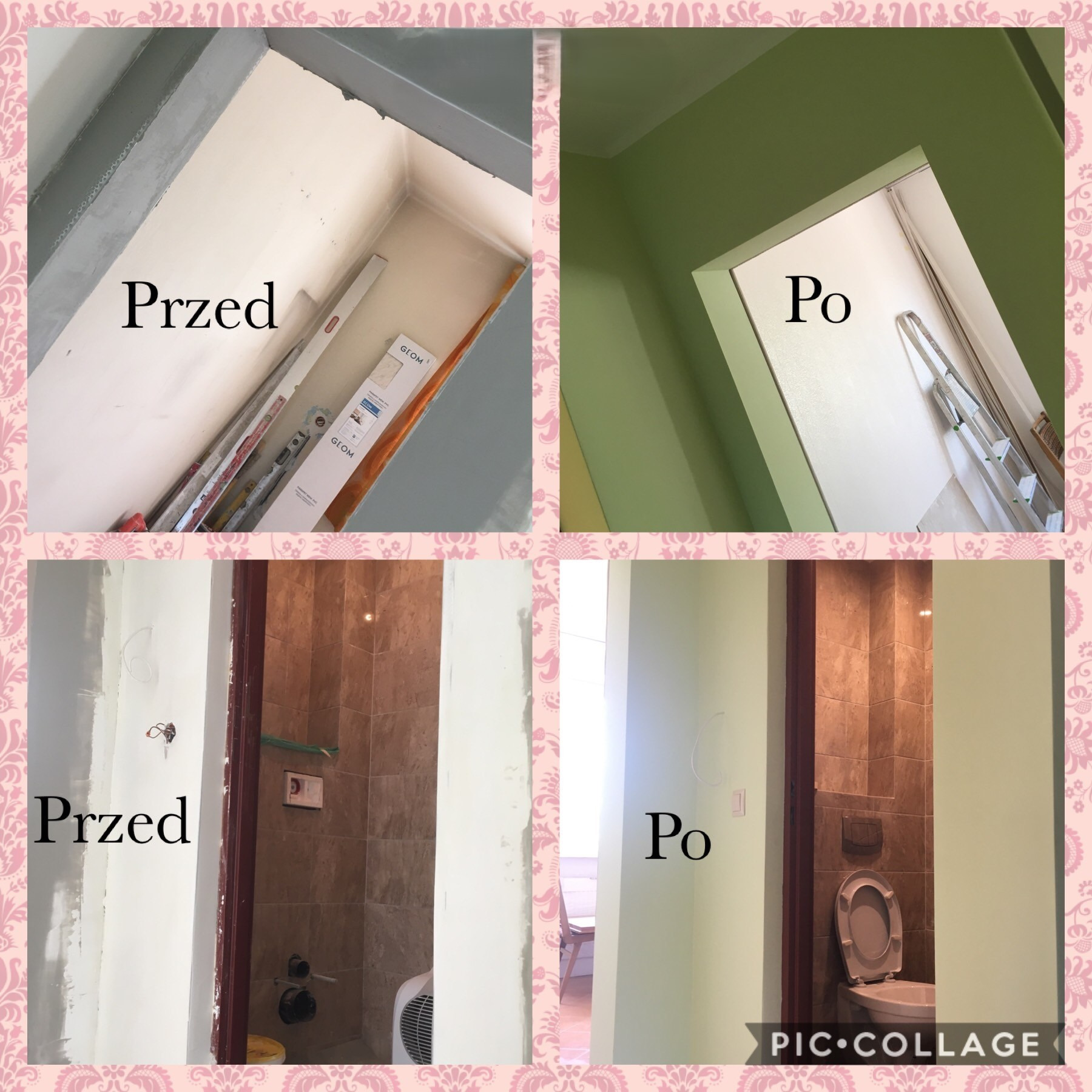 Kolaż przedstawiający stan pomieszczeń przed i po malowaniu: ściany wnęki przedpokoju z widocznymi narzędziami i drabina oraz po pomalowaniu na zielono, a także łazienka z brązowymi płytkami przed...