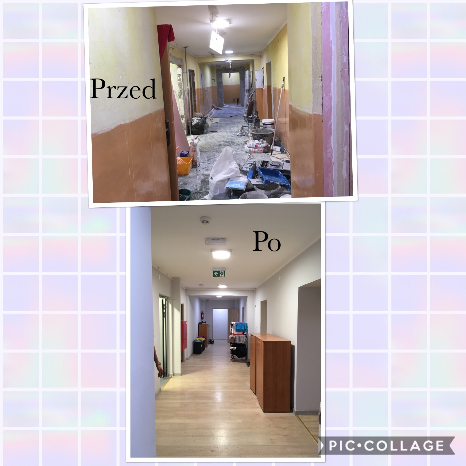 Kolaż przedstawiający korytarz biurowy przed i po odnowieniu. Górne zdjęcie pokazuje korytarz w trakcie remontu, z widocznymi narzędziami, materiałami budowlanymi i niedokończonymi ścianami. Dolne...