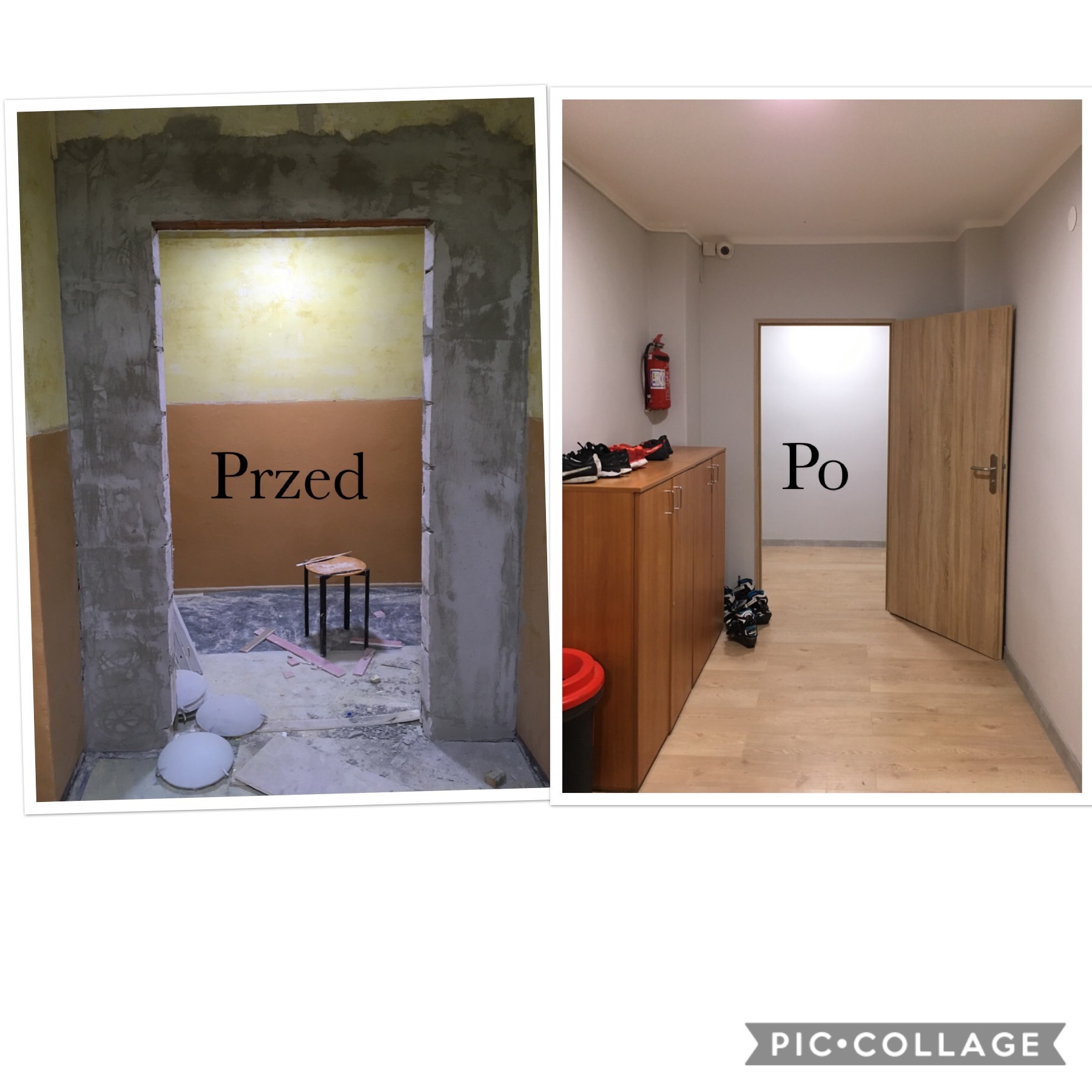 Porównanie stanu pomieszczenia przed i po remoncie: surowe ściany z resztkami tynku i gruzu kontra odnowione wnętrze z drewnianą podłogą, szafkami i nowymi drzwiami.