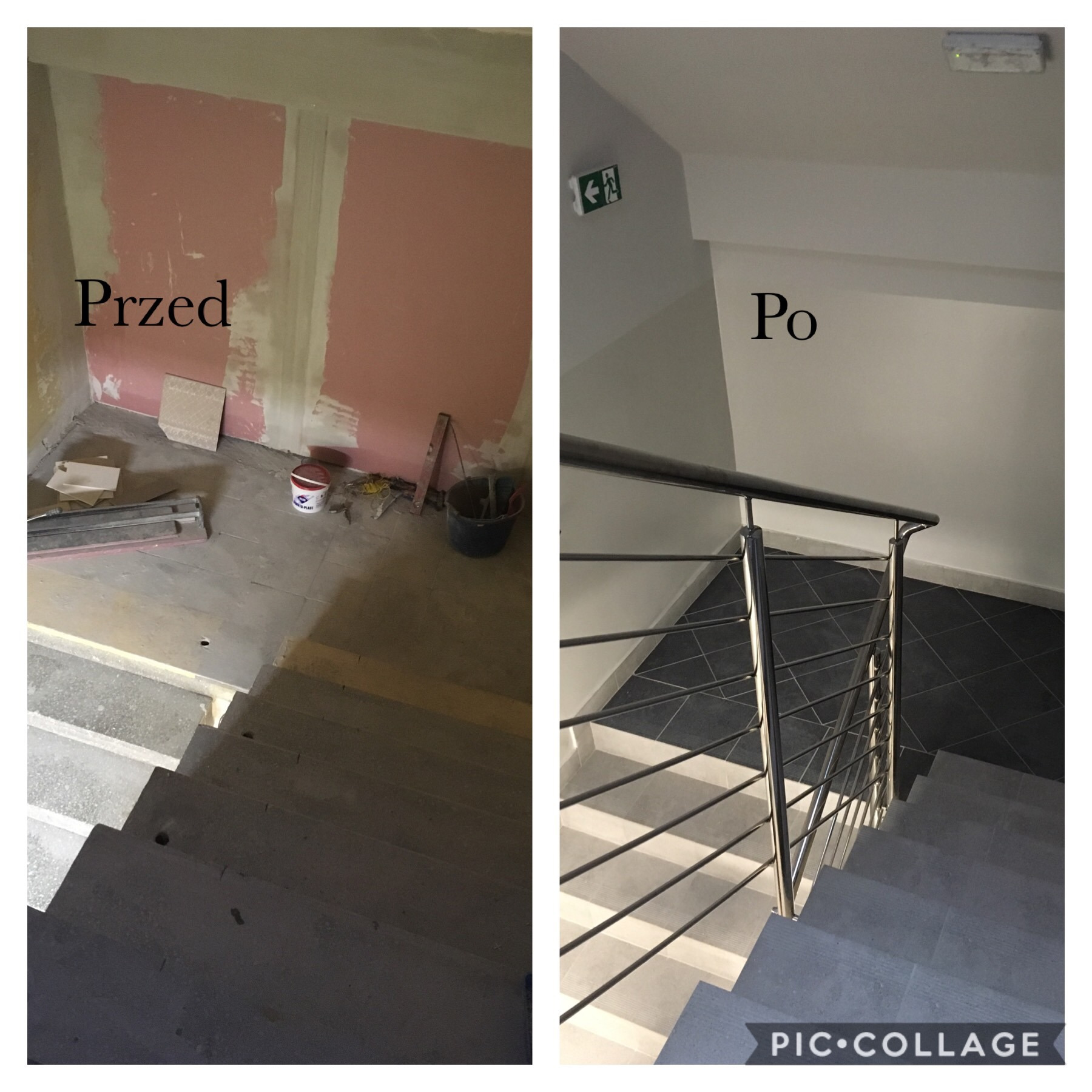 Porównanie stanu klatki schodowej przed i po remoncie: surowe ściany z resztkami farby i narzędzia malarskie zestawione z odnowionymi, pomalowanymi ścianami i nową glazurą oraz metalową barierką.