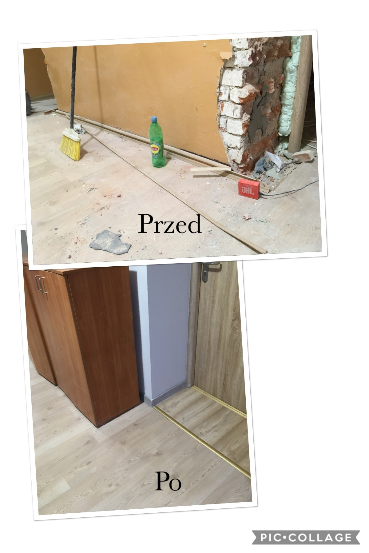 Porównanie stanu pomieszczenia przed i po remoncie: usunięta część ściany z cegły, widoczne ślady gruzu i narzędzia w części 'przed', oraz wykończona podłoga z listwami przypodłogowymi i odnowione...